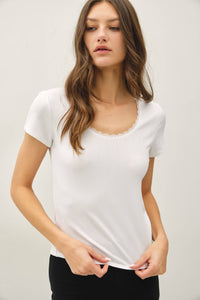 The Elin Lace Trim Ribbed Top – Scoop Neck Slim Fit Stretch Knit Tee