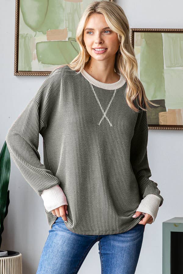 Saylor Contrast Ribbed Knit Top – Relaxed Waffle Texture Long Sleeve