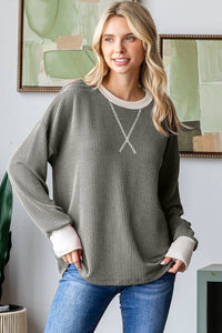 Saylor Contrast Ribbed Knit Top – Relaxed Waffle Texture Long Sleeve