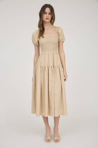 The Elsie Embroidered Smocked Midi Dress – Square Neck Puff Sleeve Cream Floral Dress