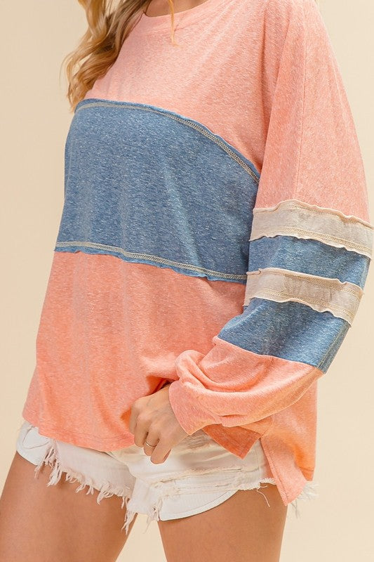 Andie Tri Blend Comfy Casual Top: Peachy/Blue