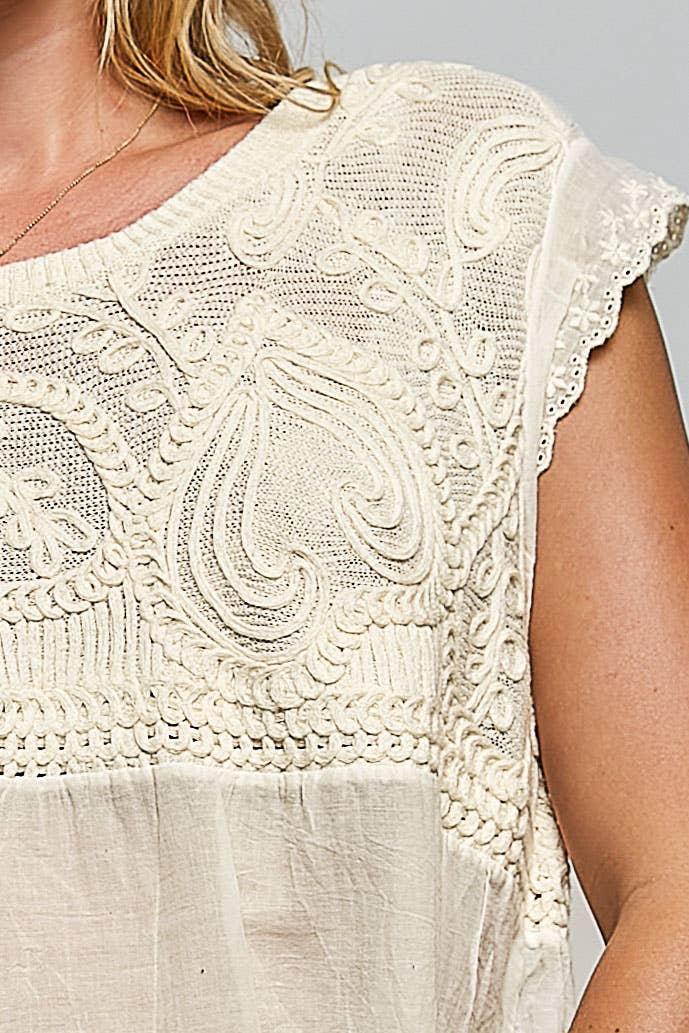 Willow Mae Boho Crochet Sleeveless Top with Embroidered Eyelet Hem: Natural