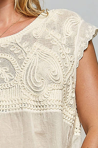 Willow Mae Boho Crochet Sleeveless Top with Embroidered Eyelet Hem: Natural