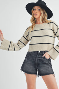 Ainslie Cashmere-Blend Striped Sweater: Oat/Black – Cropped Boxy Fit with Wide Sleeves & Ribbed Trim