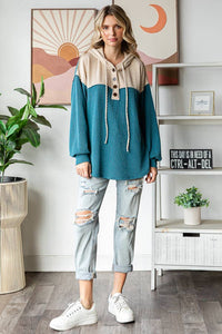 Elena Ribbed Button Front Hoodie – Colorblock Knit Pullover with Bishop Sleeves