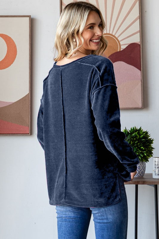 Midnight Chenille Button Detail Long Sleeve Top: Navy