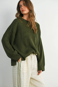 Everyday Essential Waffle Knit Sweater: Olive