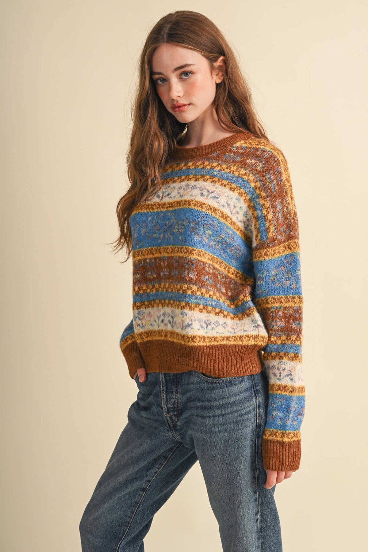 All the Right Colors Fair Isle Sweater: Toffee/Multi