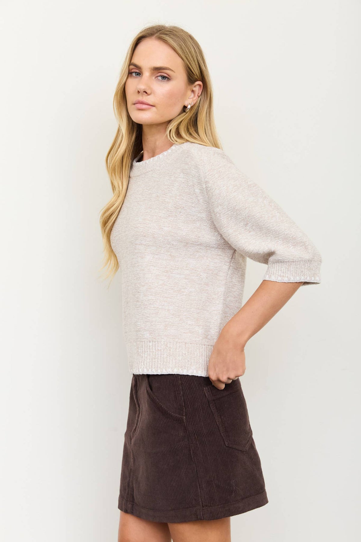 The Marlow Heathered Wool Blend Short Sleeve Sweater: Natural