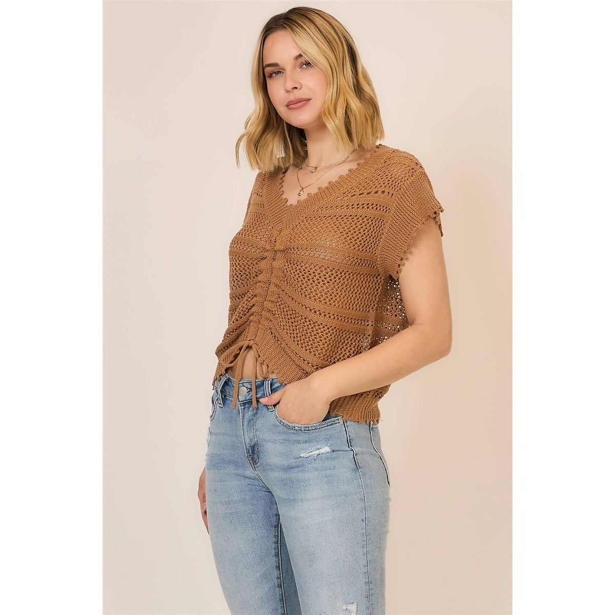 The Ava Ruched Knit Top: Camel