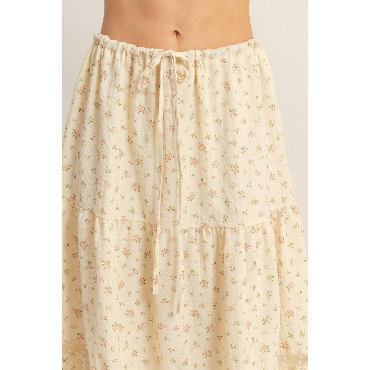 The Willow Lace Tiered Skirt: Cream/Brown Floral