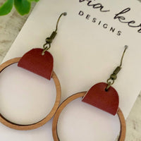 Cherry Wood & Leather Hoop Earrings – Lightweight Statement Earrings with Antique Bronze Hooks