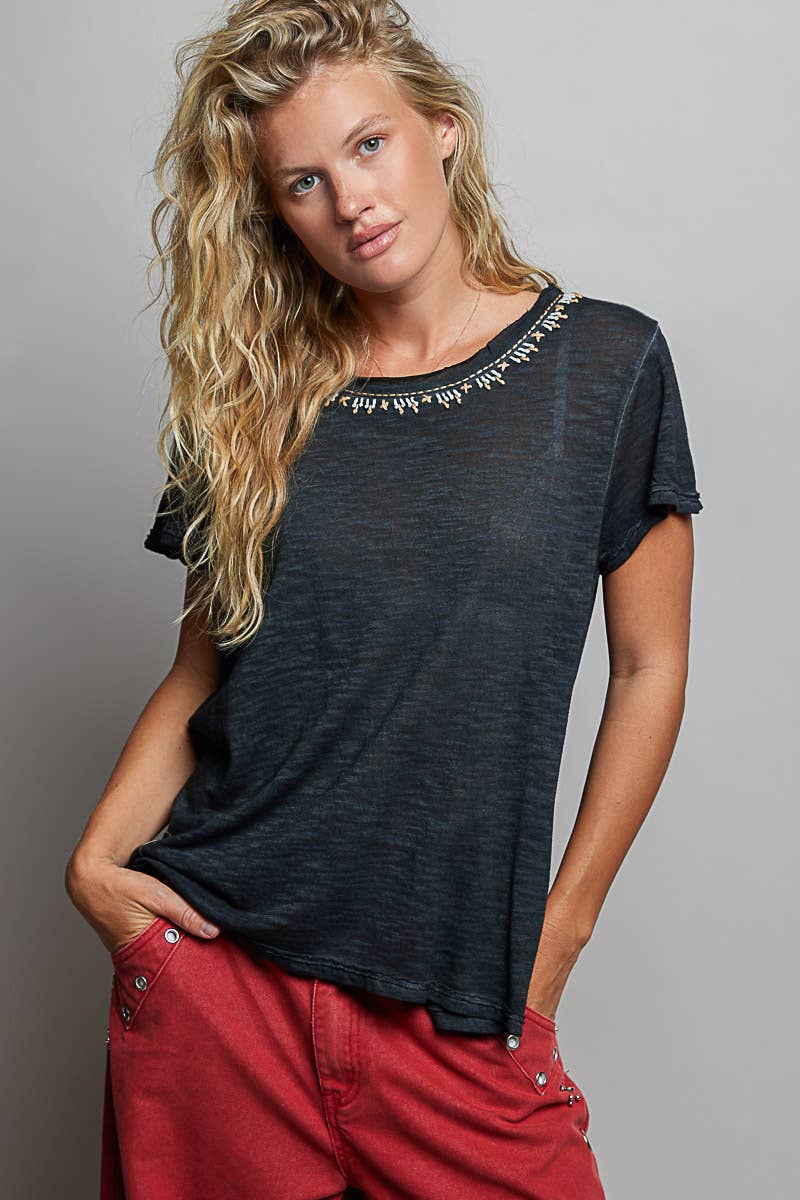 Everyday Lightweight Relaxed Fit Hand-Stitched Knit Top: Black / L