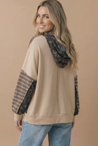Patchwork Days Floral & Stripe Hoodie: Taupe/ Charcoal