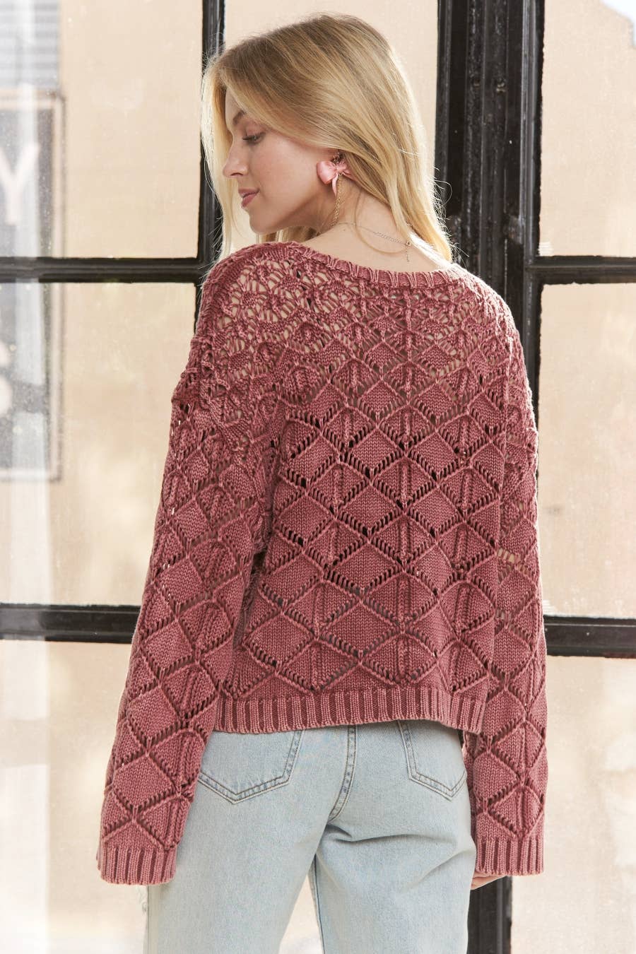 The Elsie Diamond Knit Sweater –Dusty Burgundy
