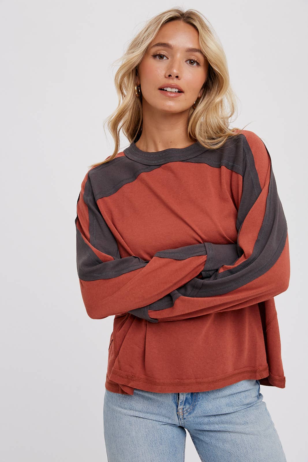 Sutton Contrast Sleeve Oversized Long Sleeve Top – Chestnut & Olive