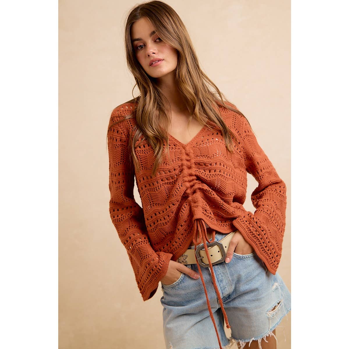 The Harvest Glow Ruched Knit Sweater: Terracotta