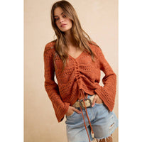 The Harvest Glow Ruched Knit Sweater: Terracotta