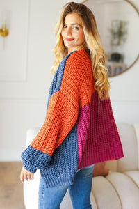 Bella Color Block Chunky Knit Cardigan: Magenta/ Navy/ Rust