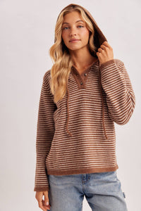 Off the Clock Striped Sweater Hoodie: Cocoa/Cream