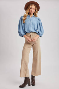 Elowen Denim Balloon Sleeve Button-Up Top