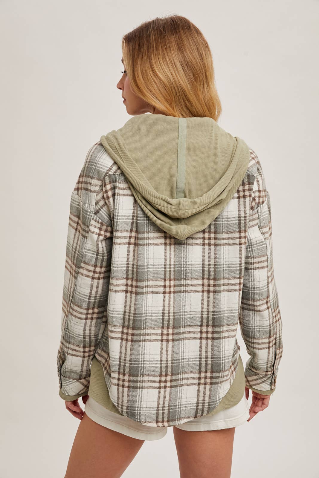 Aspen Hooded Plaid Shacket – Fall  Button-Down Jacket
