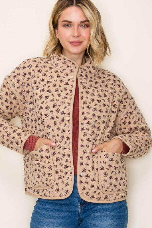 Eloise Ditsy Floral Quilted Jacket – Button Front Cotton Layer with Pockets
