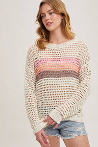 Isla Color Block Open Knit Sweater: Ivory