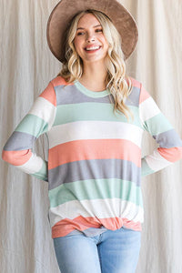 Polly Spring Stripe Ribbed Long Sleeve Casual Top: Coral/Multi