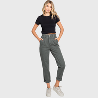 Millie Paperbag Waist Mom Jeans – High Rise Cuffed Denim in Washed Olive
