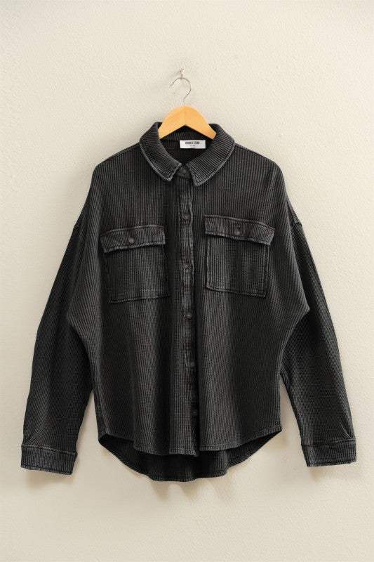 Maribel Oversized Mineral Washed Waffle Knit Shacket – Women’s Casual Button Down Shirt Jacket