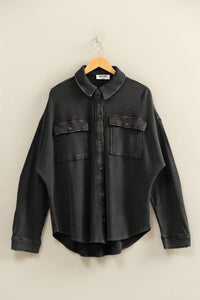 Maribel Oversized Mineral Washed Waffle Knit Shacket – Women’s Casual Button Down Shirt Jacket