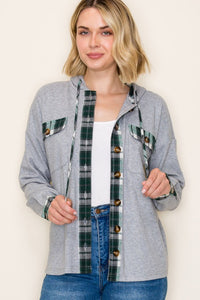 Aspen Woods Plaid Contrast Hoodie Shacket – Cozy Button Down Brushed Knit Layer for Fall & Winter