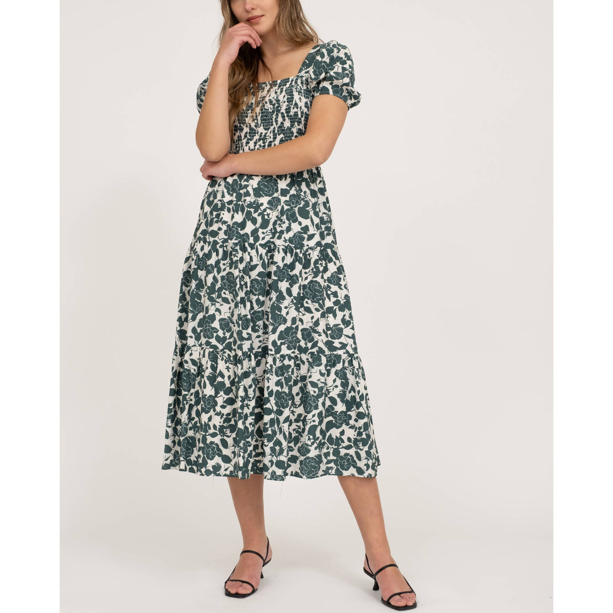 Ivy Garden Smocked Floral Midi Dress – Square Neck Puff Sleeve A-Line Dress for Women