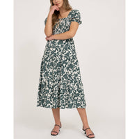 Ivy Garden Smocked Floral Midi Dress – Square Neck Puff Sleeve A-Line Dress for Women
