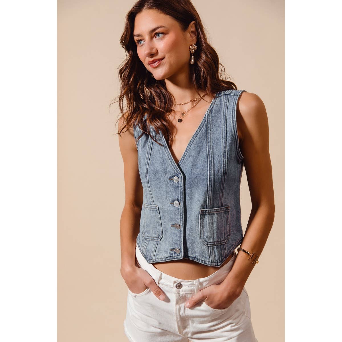 The Hudson Denim Vest: Light Wash  – Vintage Wash Button Front Denim Top