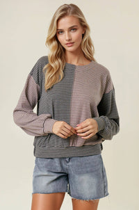 The Tessa Two-Tone Stripe Top – Charcoal/Wheat Mix