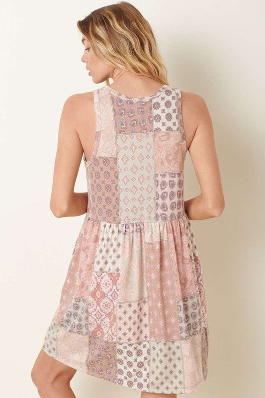 Lissa Boho Print Babydoll Mini Dress: Mauve/Multi