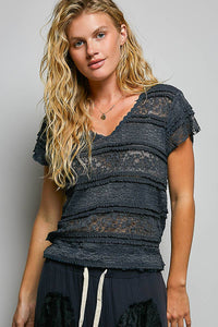 The Emery Lace V Neck Top:Navy  – Short Sleeve Raw Edge Lightweight Feminine Blouse