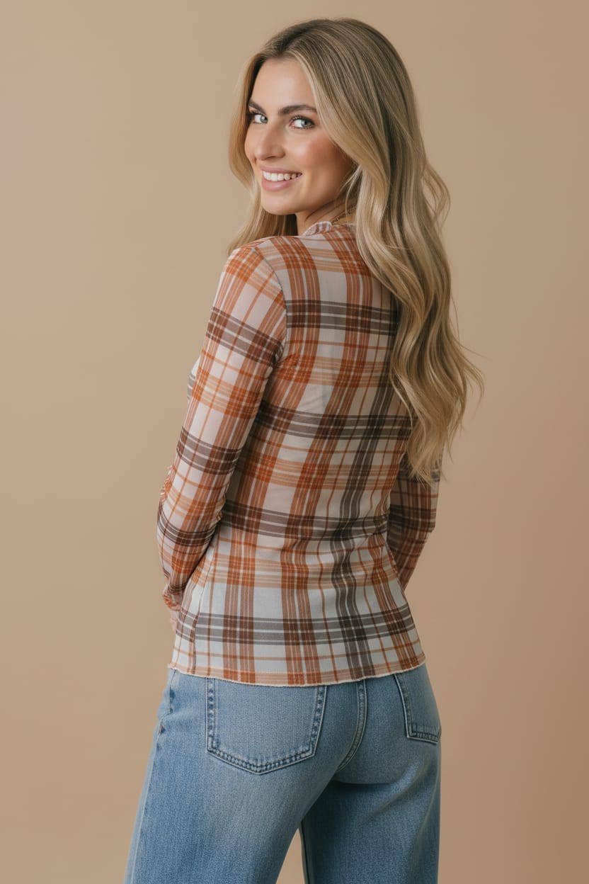 Autumn Theory Plaid Mesh Layering Top: Oatmeal/ Rust