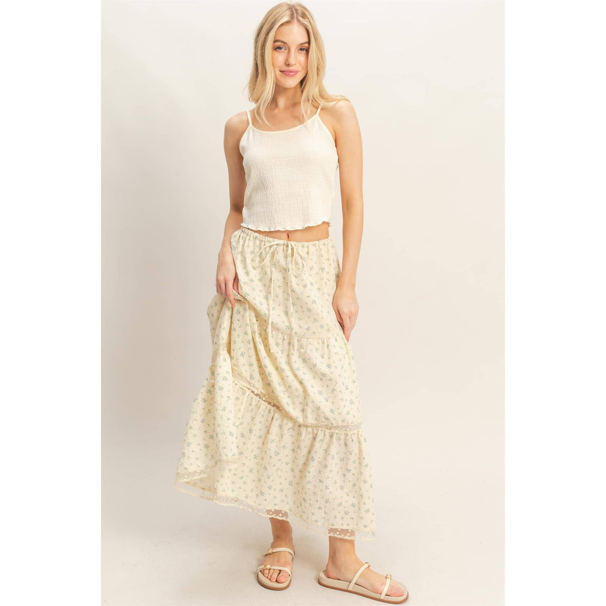 The Willow Lace Tiered Skirt: Cream/Brown Floral