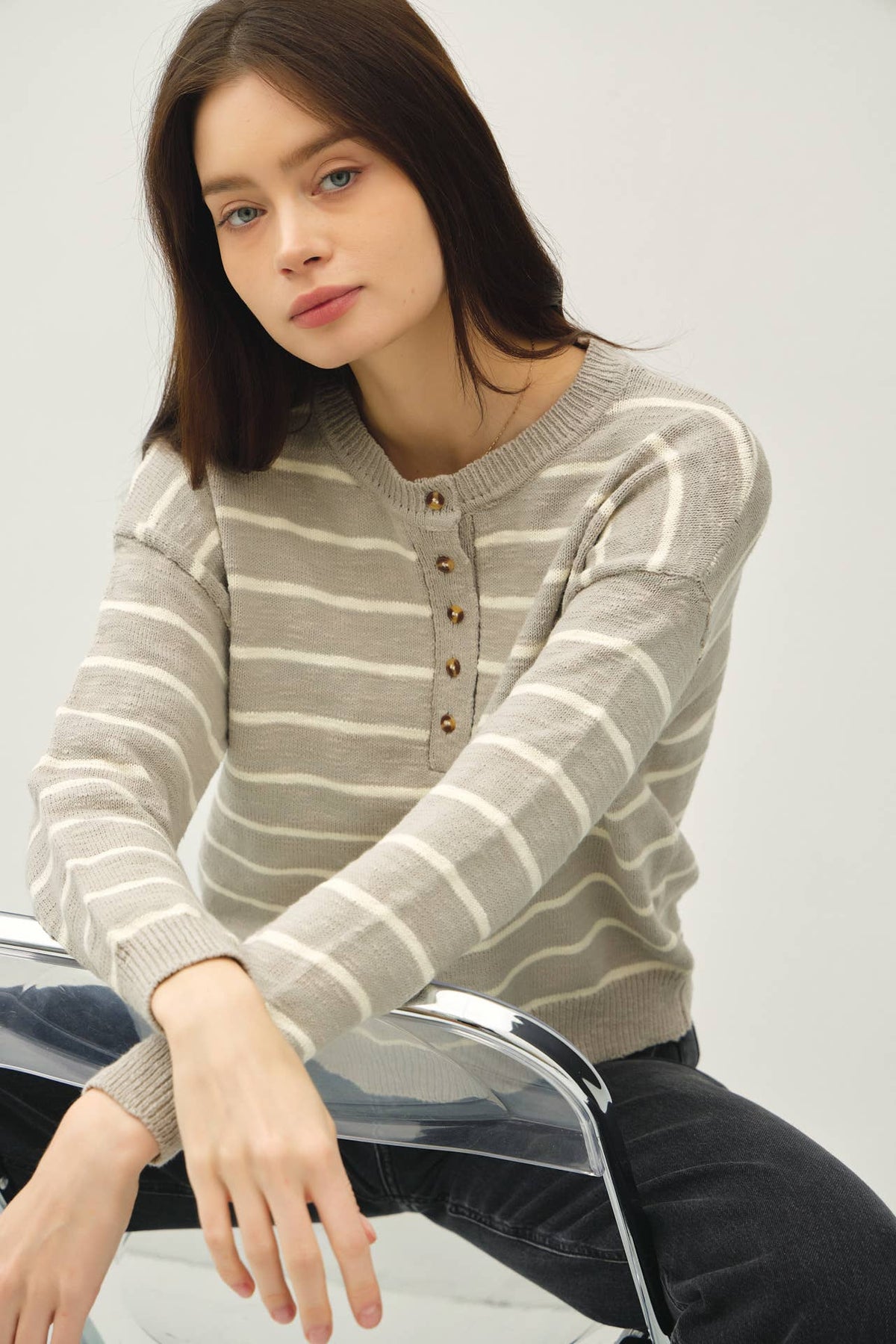 The Rowan Striped Henley Pullover Sweater – Cotton Slub Knit, Casual Drop Shoulder Crewneck