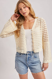 Ivory Crochet Button Front Cardigan: Ecru