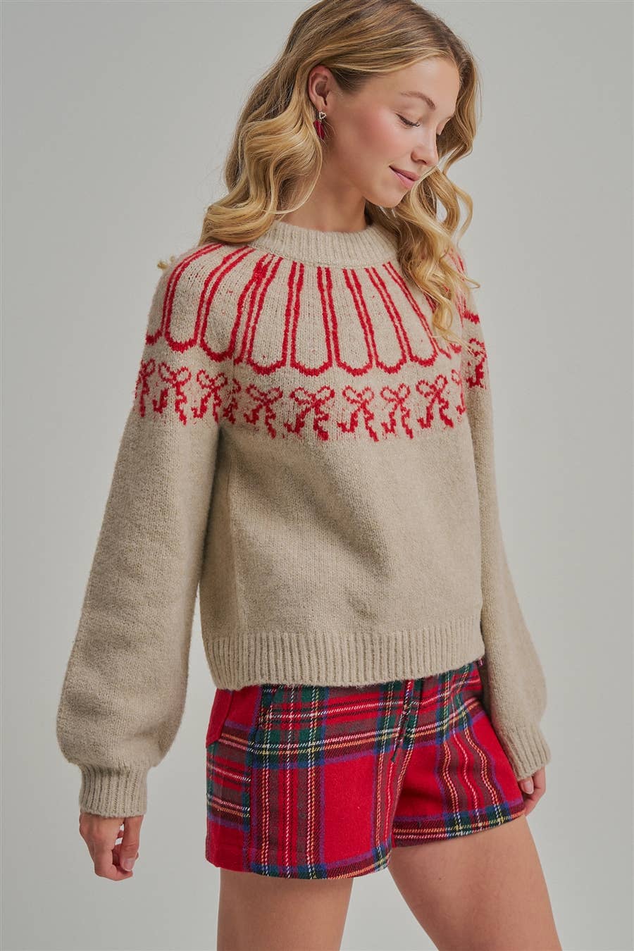 Tied with a Bow Holiday Sweater: Taupe/ Red