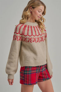 Tied with a Bow Holiday Sweater: Taupe/ Red