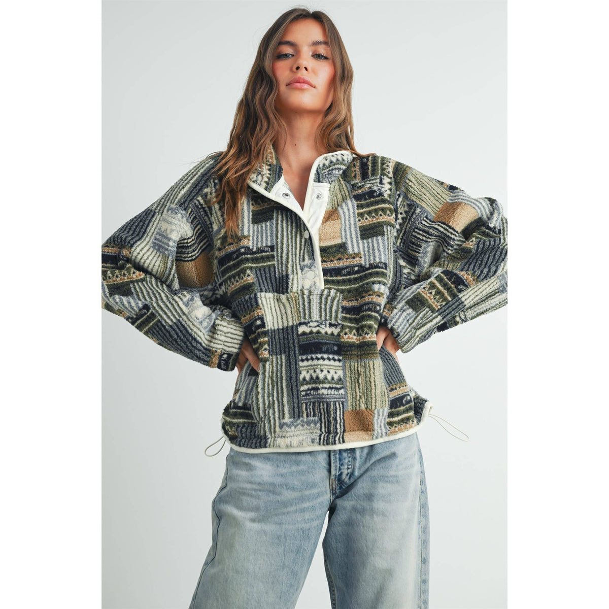 The Timberline Patchwork Fleece Pullover: Olive Multi