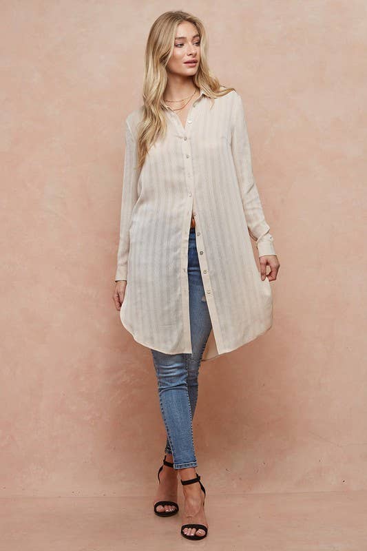 Cabo Semi Sheer Button Down Shirt Duster: Nude