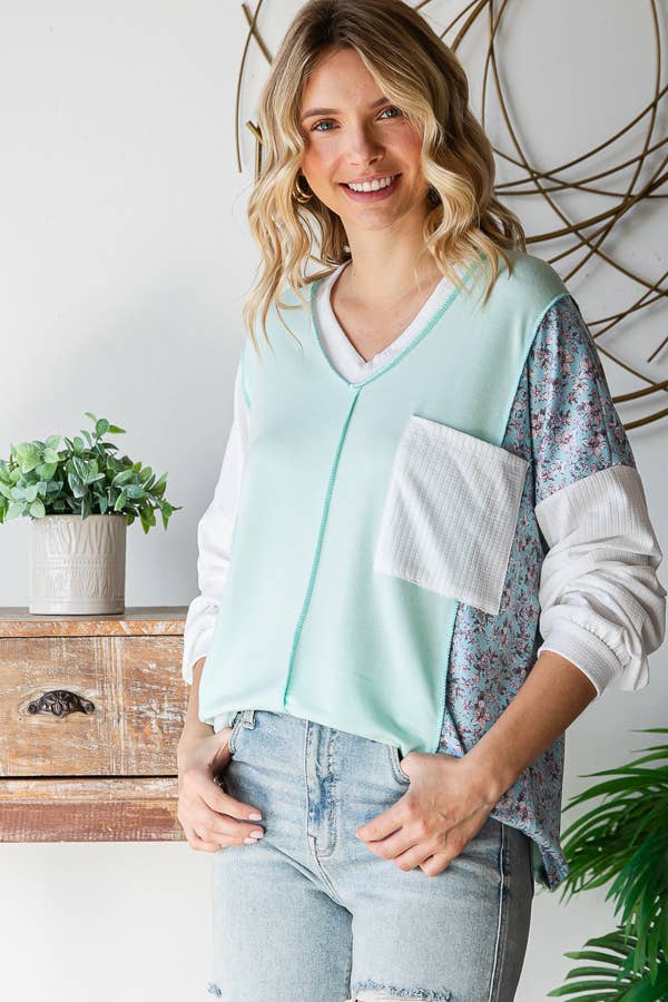 Beth Boho Floral Patch Long Sleeve Top: Mint