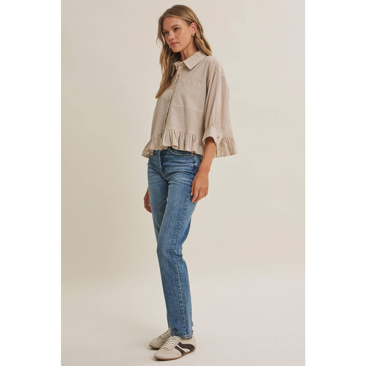 MORNING OAT MICRO CHECK RUFFLE HEM BUTTON-DOWN SHIRT: VANILLA / S