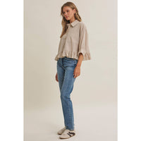 MORNING OAT MICRO CHECK RUFFLE HEM BUTTON-DOWN SHIRT: VANILLA / S